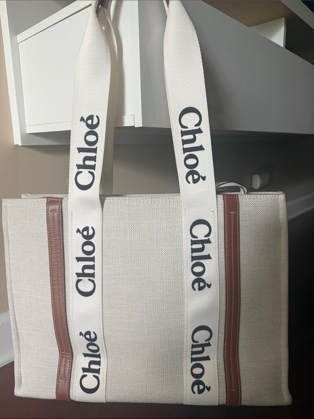 Chloé Cream Canvas Tote with Brown Trim and Logo Straps
